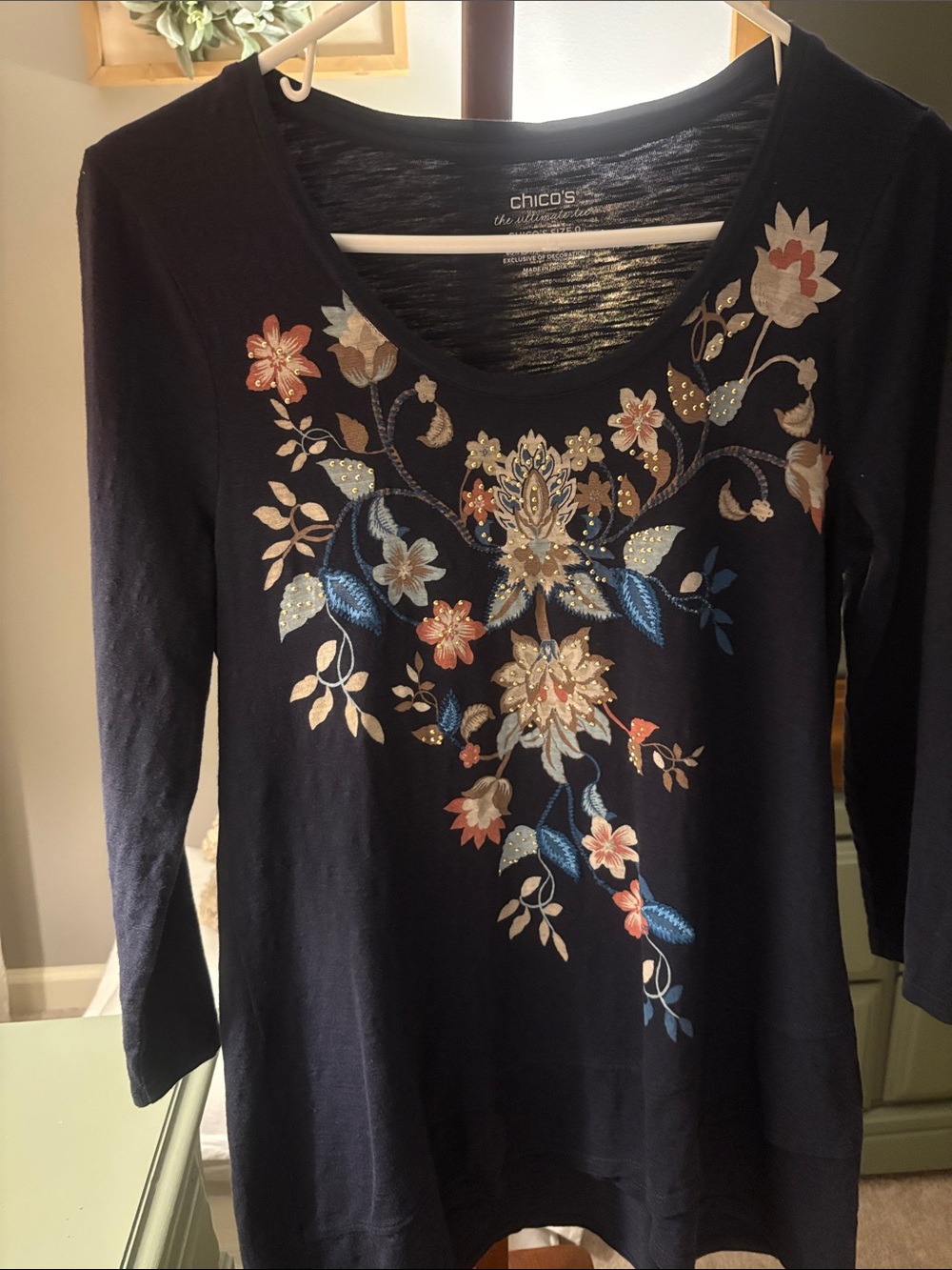 Chico's Navy Floral Embroidered Long-Sleeve Scoop Neck Top